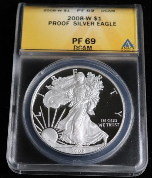 A proof silver eagle coin in a plastic case